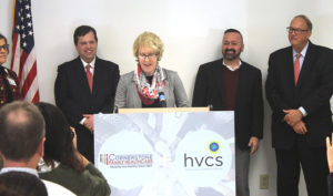 Andrea Straus, HVCS' Executive Director, speaks at the press conference held on Wednesday, February 12, 2020 to announce the intended merger.